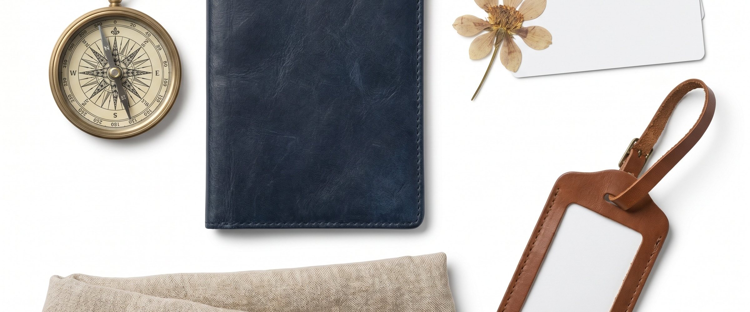 Overhead flat lay of travel essentials including plain passport cover, compass, scarf, luggage tag, cards, and dried flower on white.