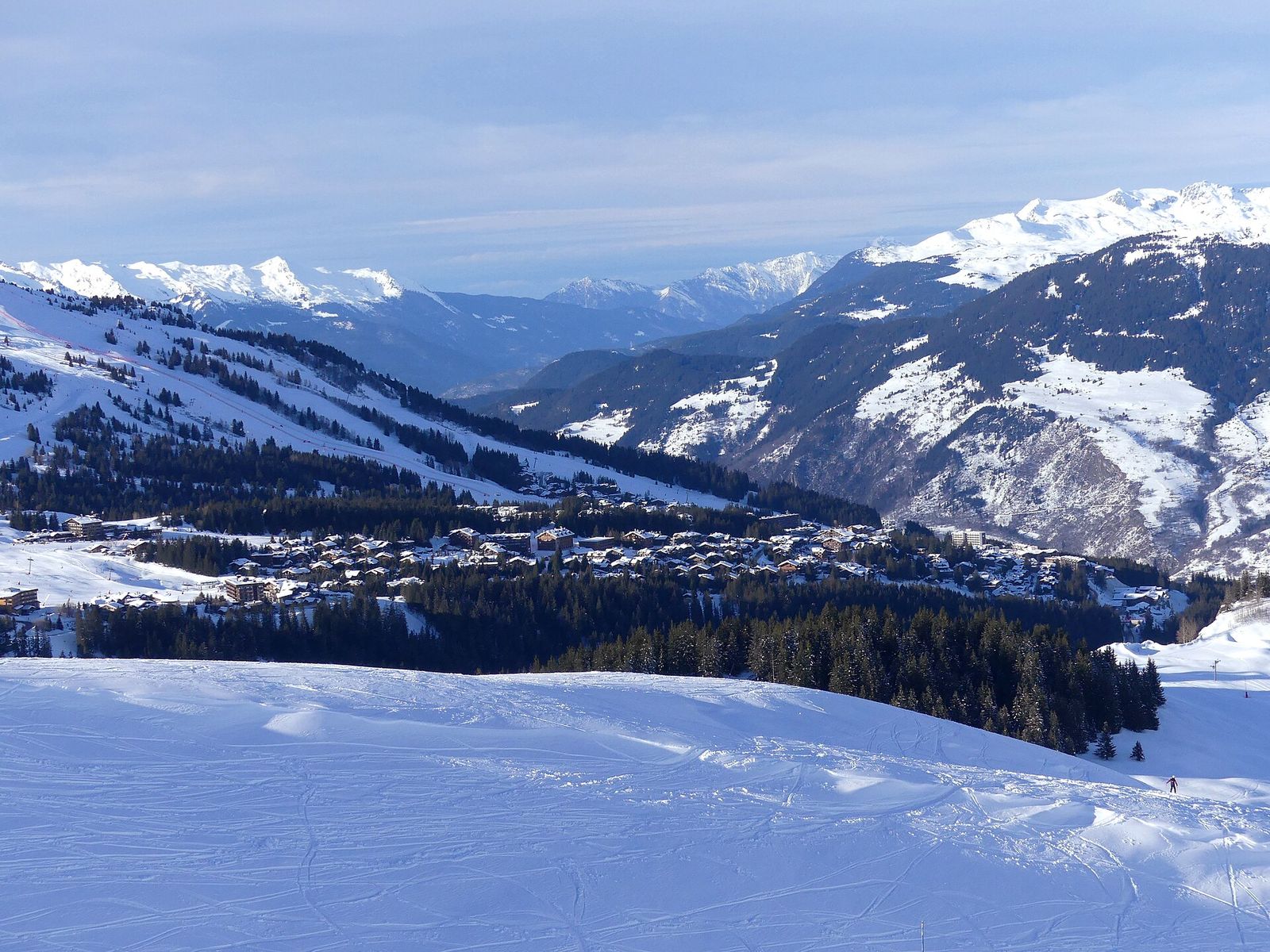 Sight, in winter from the east, of Courchevel ski resort and its valley, in Savoie, France