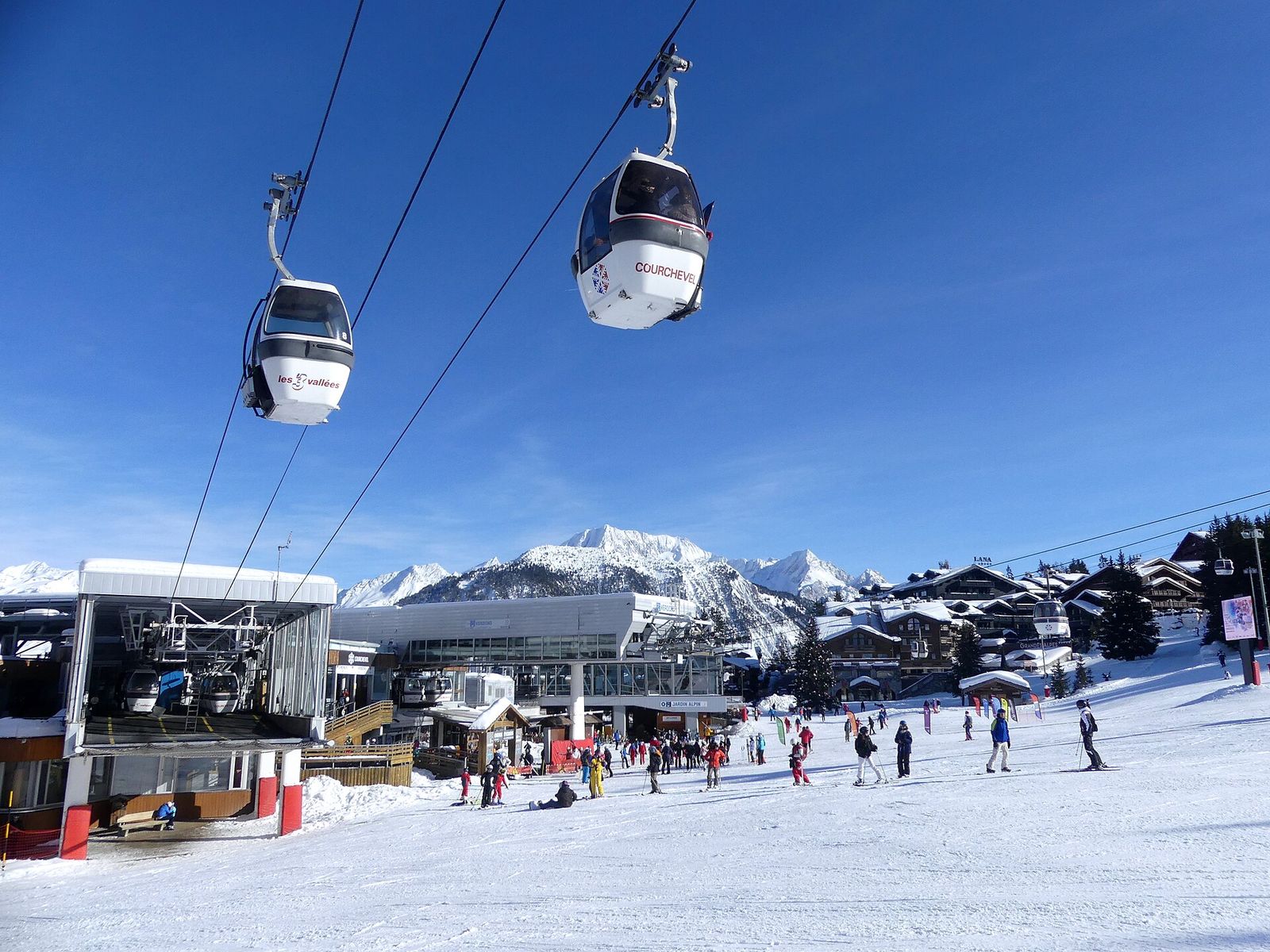 Sight of Courchevel 1850 base of the slopes and Chenus gondola lift, in Savoie, France