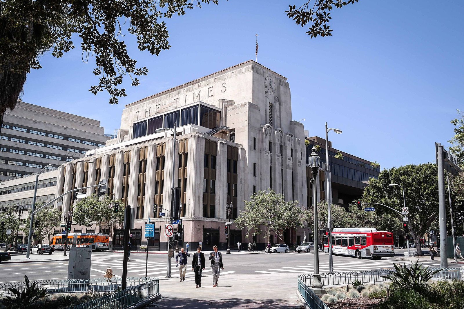 A view of the Los Angeles Times Building — at Spring Street and 1st Street, in the Civic Center district of Downtown Los