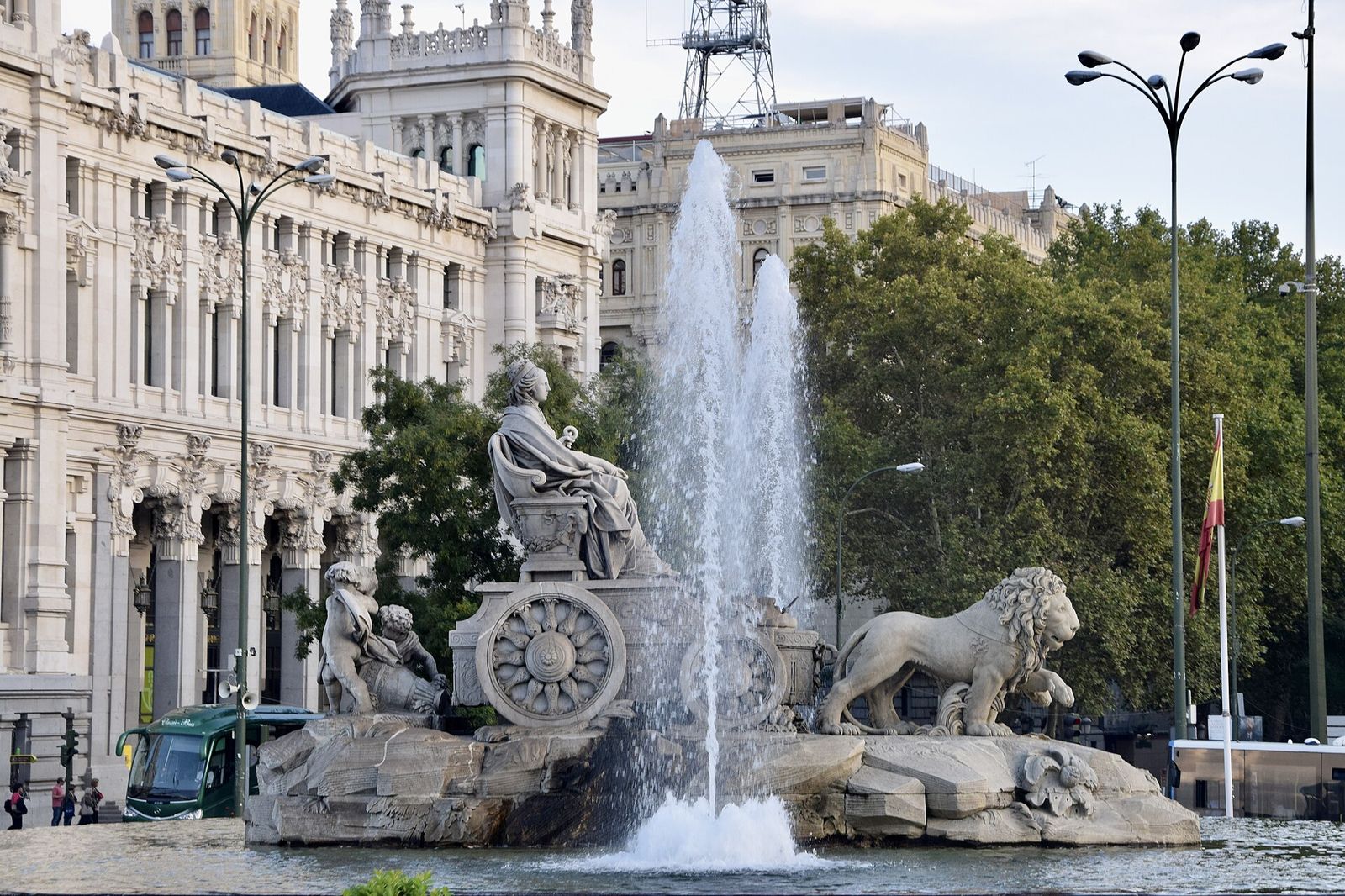 Fountain of Cybele at Plaza de Cibeles, Madrid, Spain with Cybele Palace in the background
