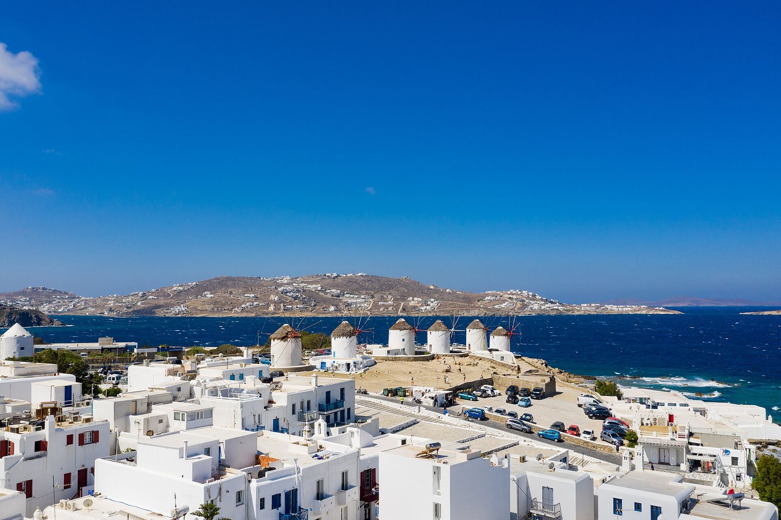 Windmills in the old town in Mykonos, Greece