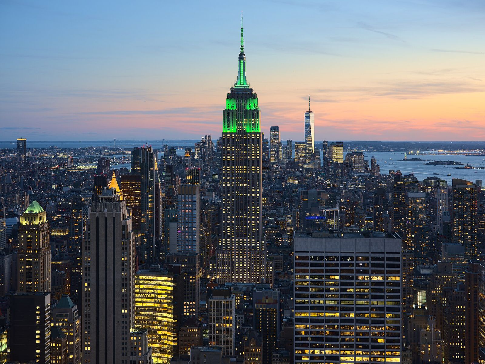 View of the Empire State Building in New York City from the Top of the Rock at 30 Rockefeller Plaza during sunset
