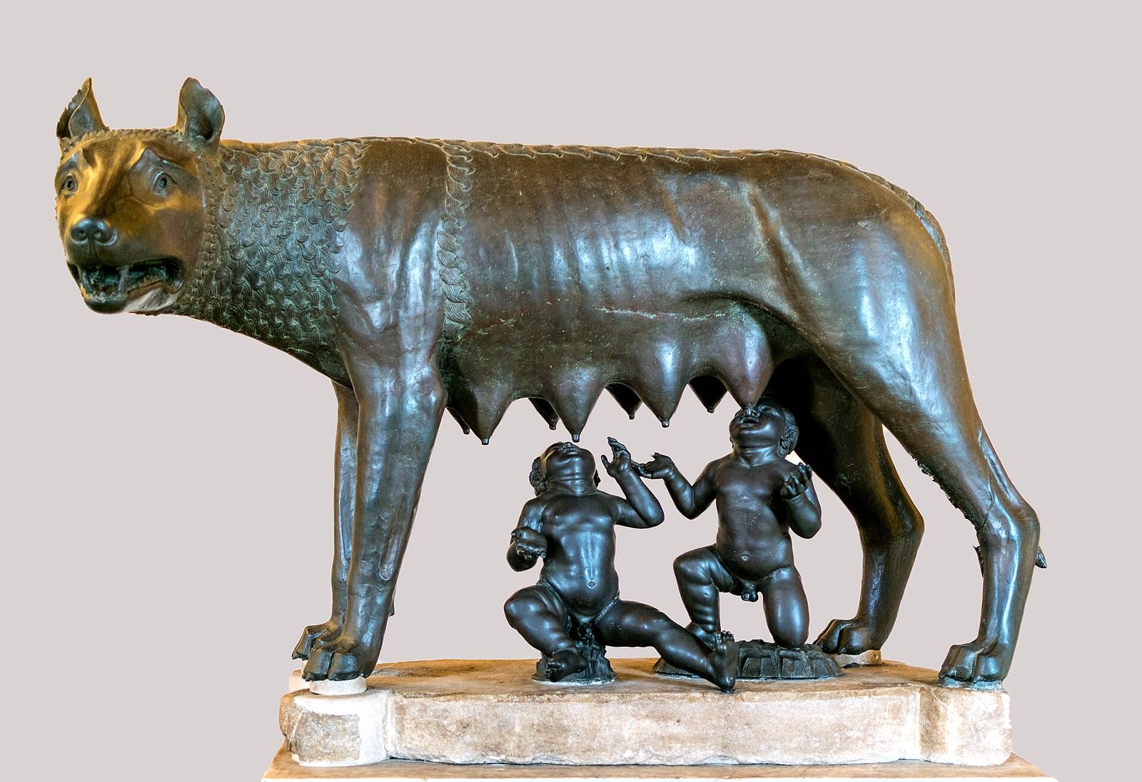 Capitoline she-wolf (Latin Lupa Capitolina), a bronze figure showing Romulus and Remus, the mythical founders of the city of, Rome