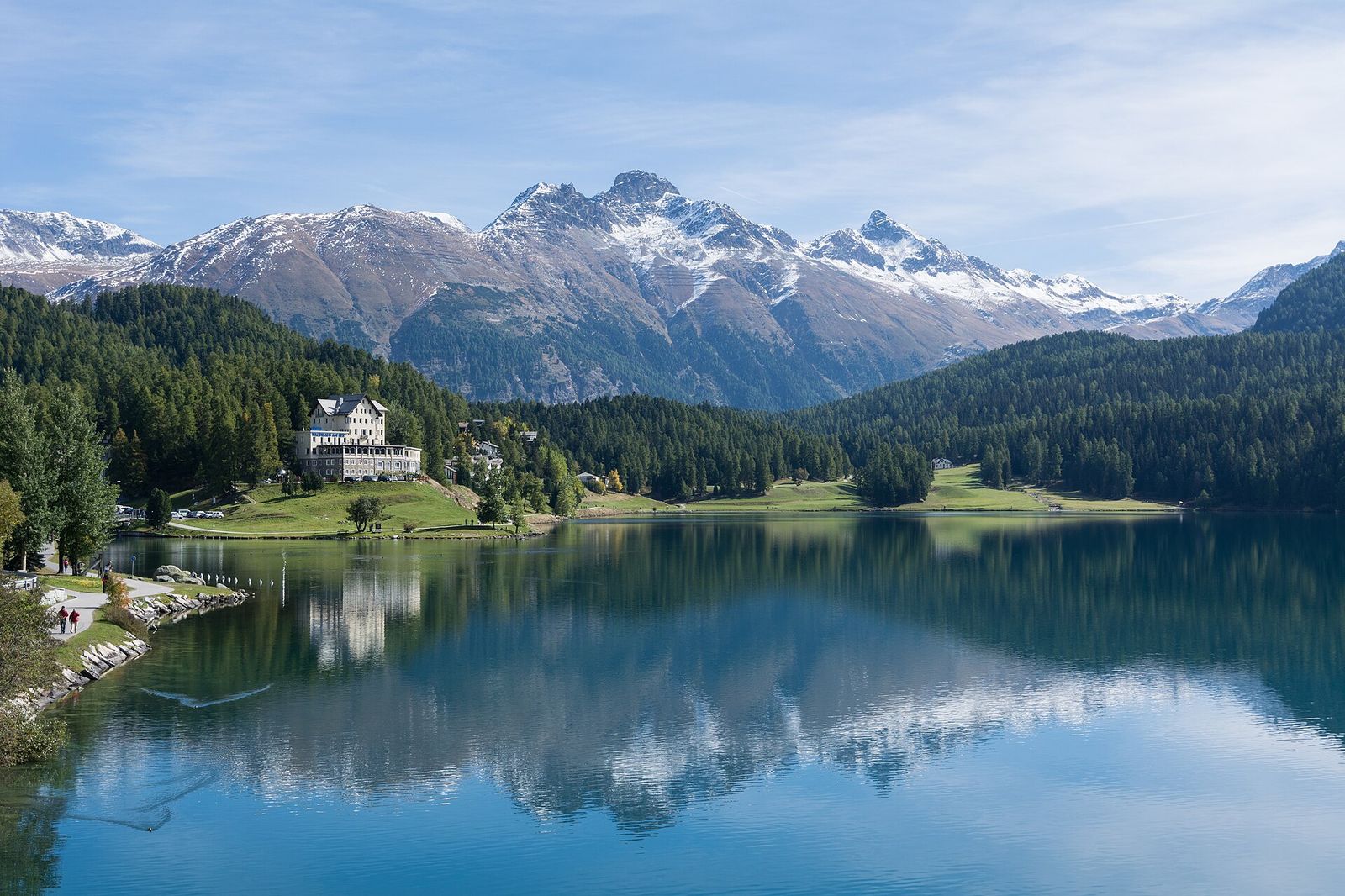Lake St. Moritz is located at a height of 1768 m in the Upper Engadin, Switzerland. The river Inn flows through this lake