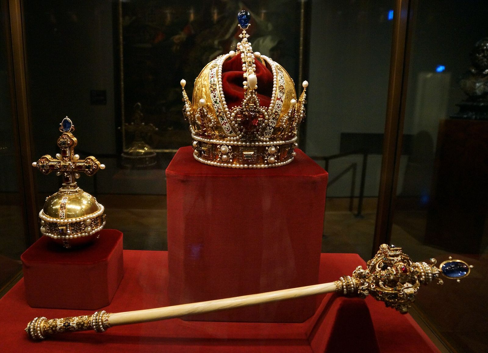 The imperial crown, orb, and sceptre of Austria, displayed in the Imperial Treasury at the Hofburg, Vienna, Austria