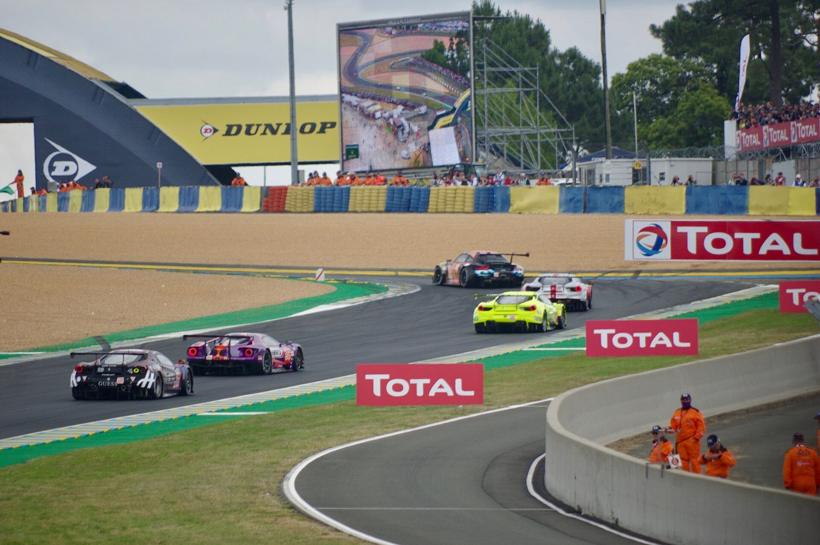 GT cars approaching Dunlop Bridge, 2019 24 Hours of Le Mans