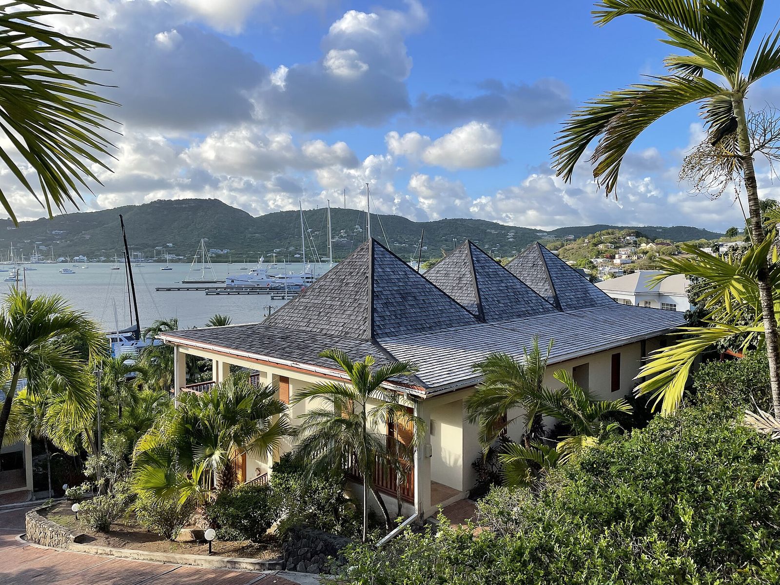 The Antigua Yacht Club Marina & Resort Hotel in English Harbour, on Antigua (Antigua and Barbuda), looking out over Falmouth, Antigua Sailing Week