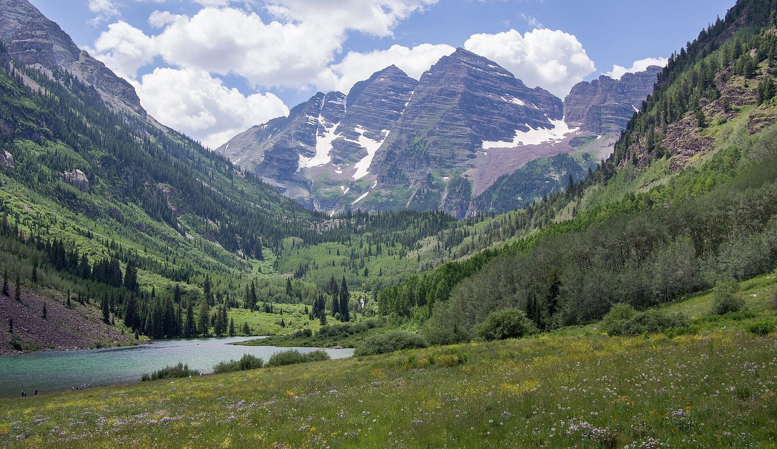 The Maroon Bells in Aspen, Colorado, with Maroon Lake in the foreground, Aspen Music Festival and School