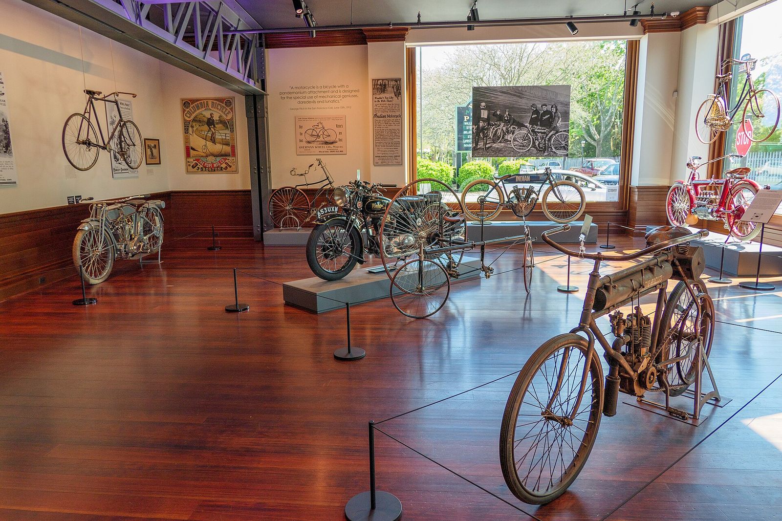 Early bicycles and motorcycles at the Audrain Automobile Museum, Newport RI. Exhibit: Balance & Power: The World on Two, Audrain Newport Concours & Motor Week