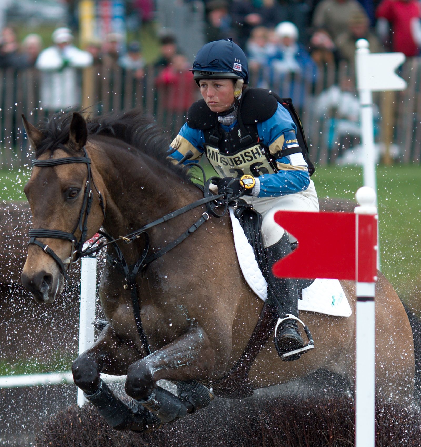 Jeanette Brakewell and Major Buck (Irish Sport Horse [1]) at The Lake during the cross-country phase of Badminton Horse, MARS Badminton Horse Trials