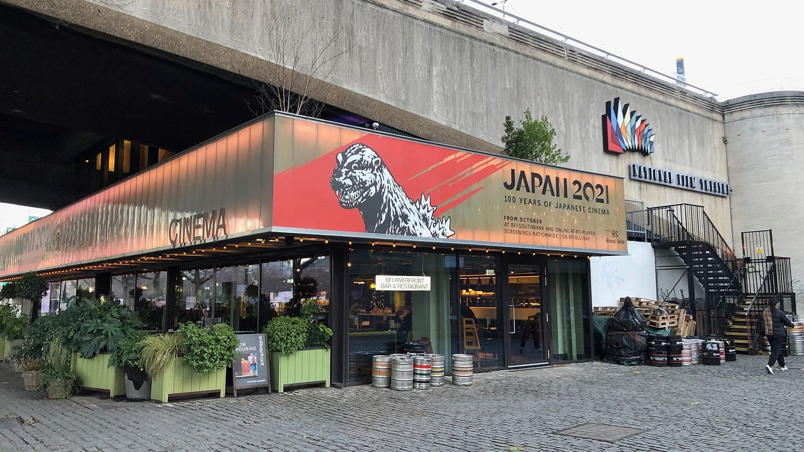 BFI Southbank restaurant below the Waterloo Bridge with marquee advertising its Japan 2021 exhibition in December 2021, BFI London Film Festival