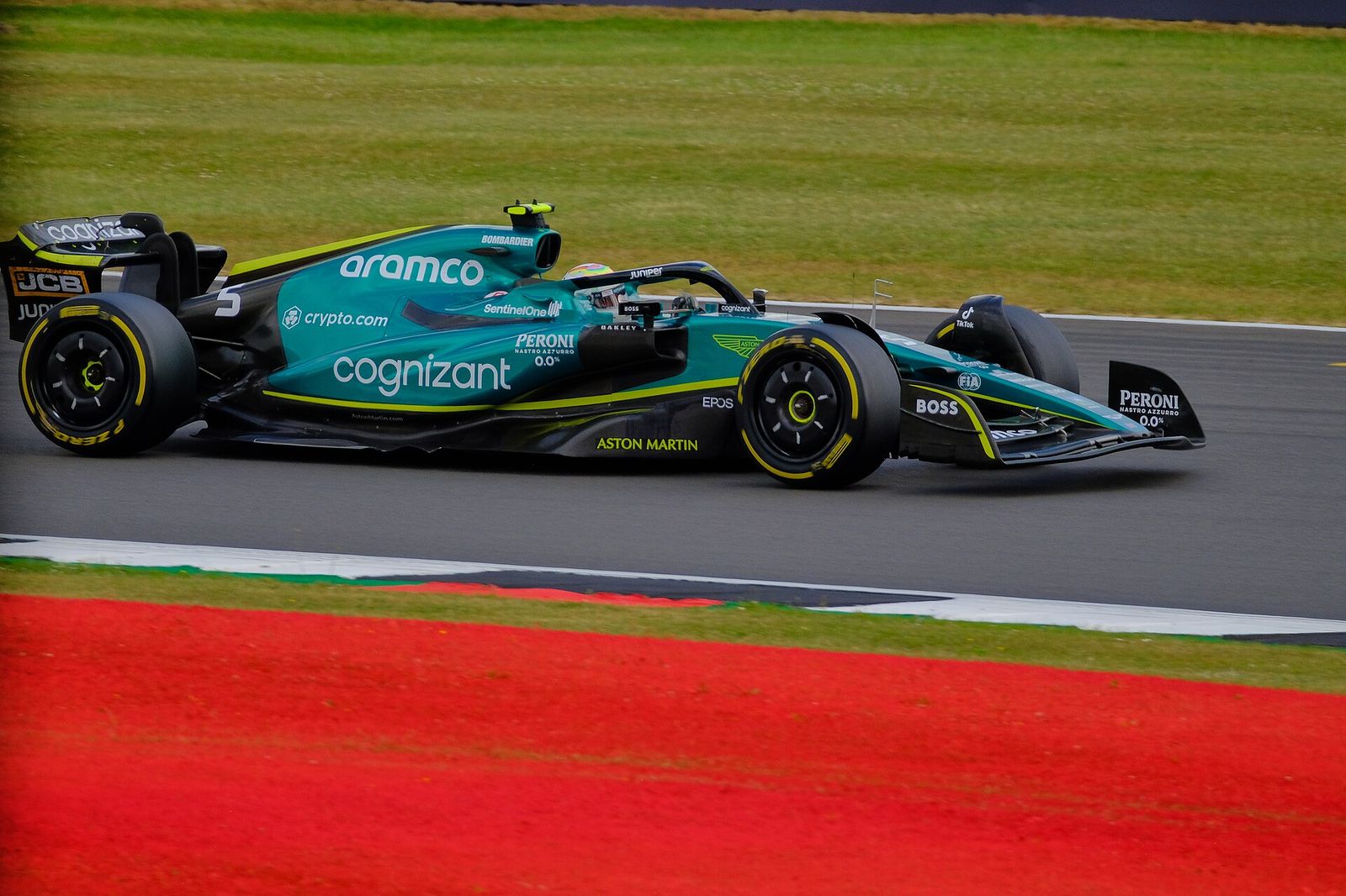 The Aston Martin Racing AMR22 F1 car driven by Sebastian Vettel during the 2022 British Grand Prix at Silverstone circuit