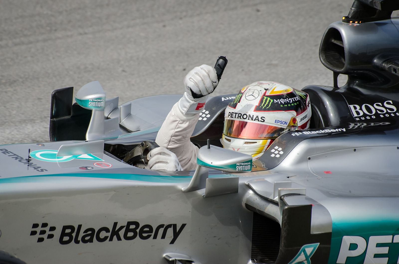 Lewis Hamilton celebrating victory at the 2015 Canadian Grand Prix