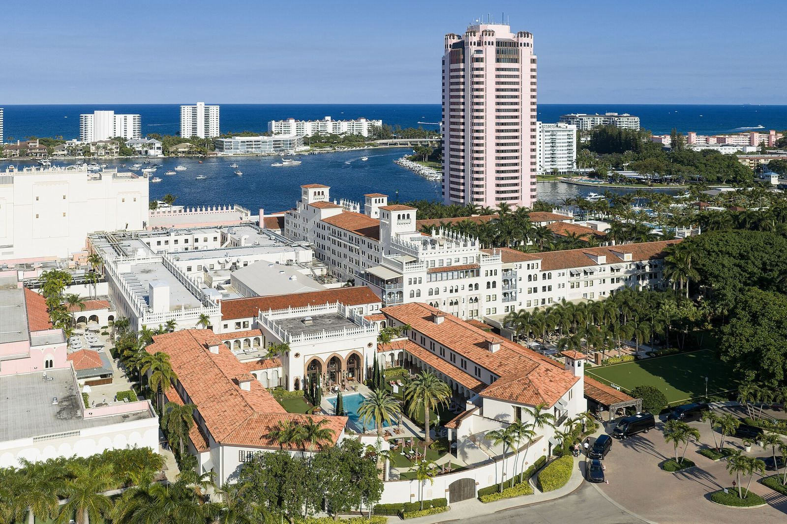 The Boca Raton resort on Lake Boca Raton, Florida, with Addison Mizner’s 1926 Cloister buildings and the 1969 pink Tower, Cavallino Classic