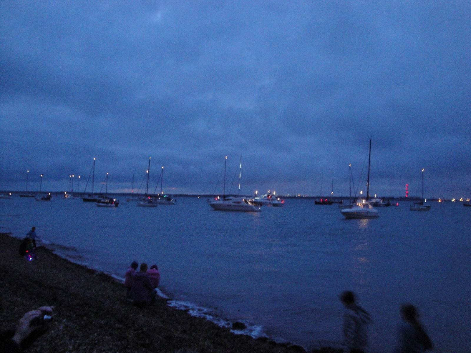 Boats moored in the Solent off Cowes, Isle of Wight, for the fireworks that night, which mark the end of Cowes Week