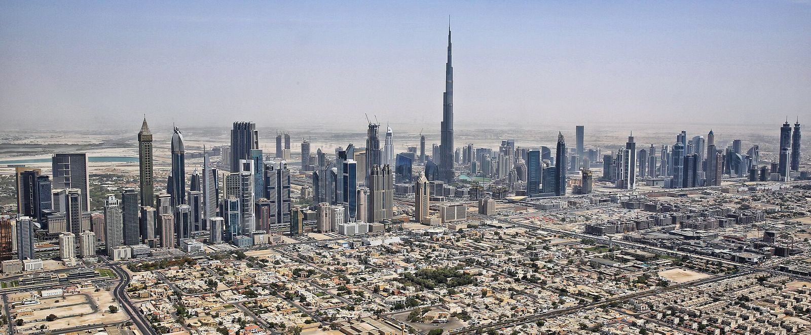 Skyline of Downtown Dubai with Burj Khalifa from a Helicopter (crop of File:Dubai skyline 2015), Dubai Watch Week