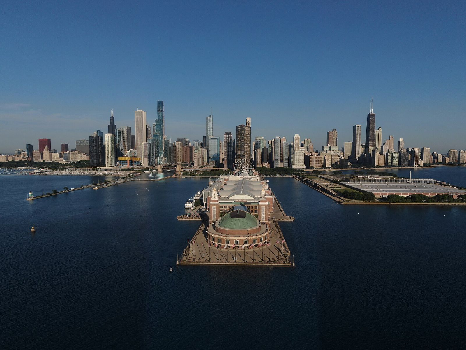Drone shot of Chicago's Navy Pier, EXPO CHICAGO