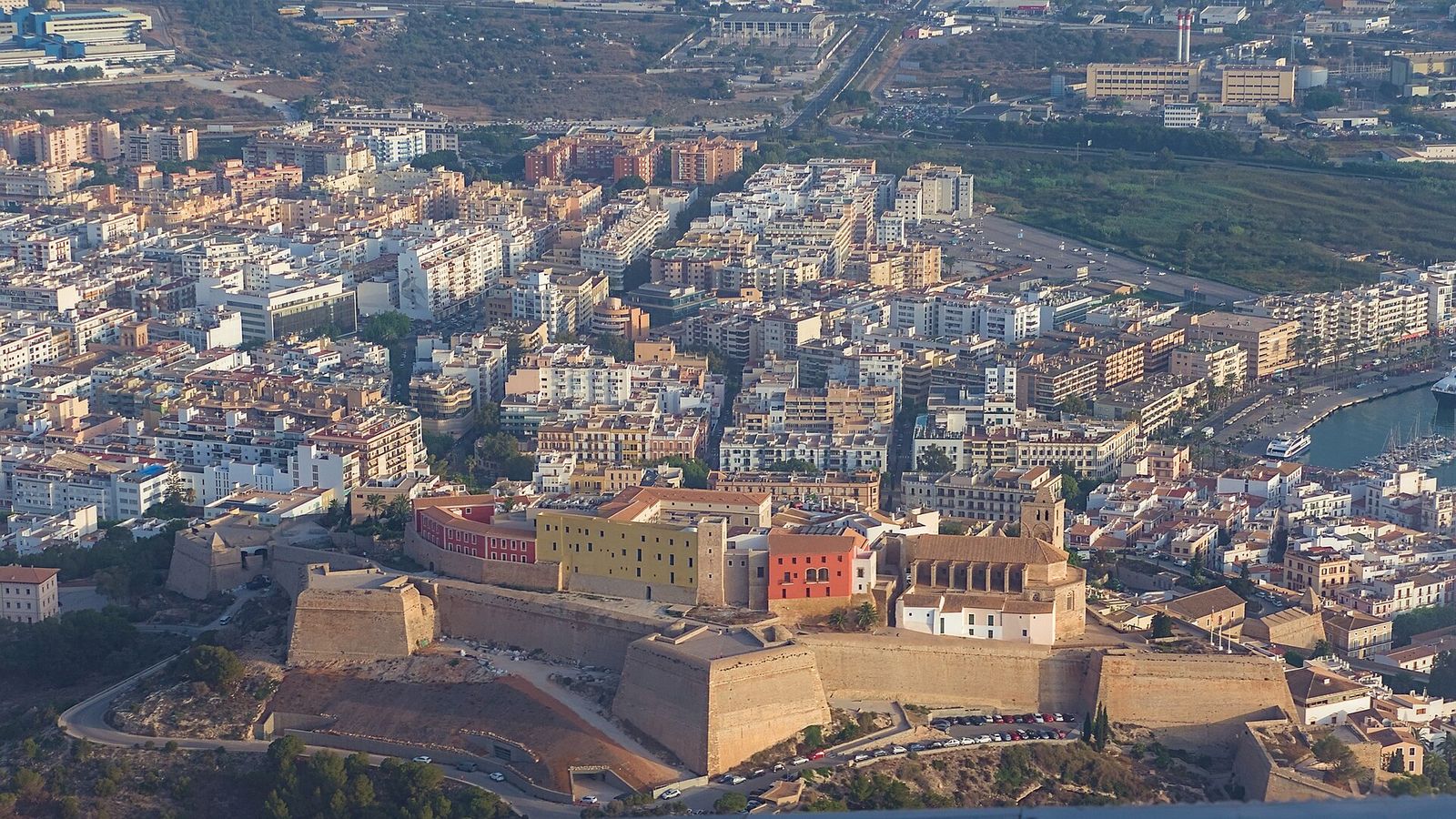Eivissa with Dalt Vila and Ibiza Cathedral from an airplane, International Music Summit