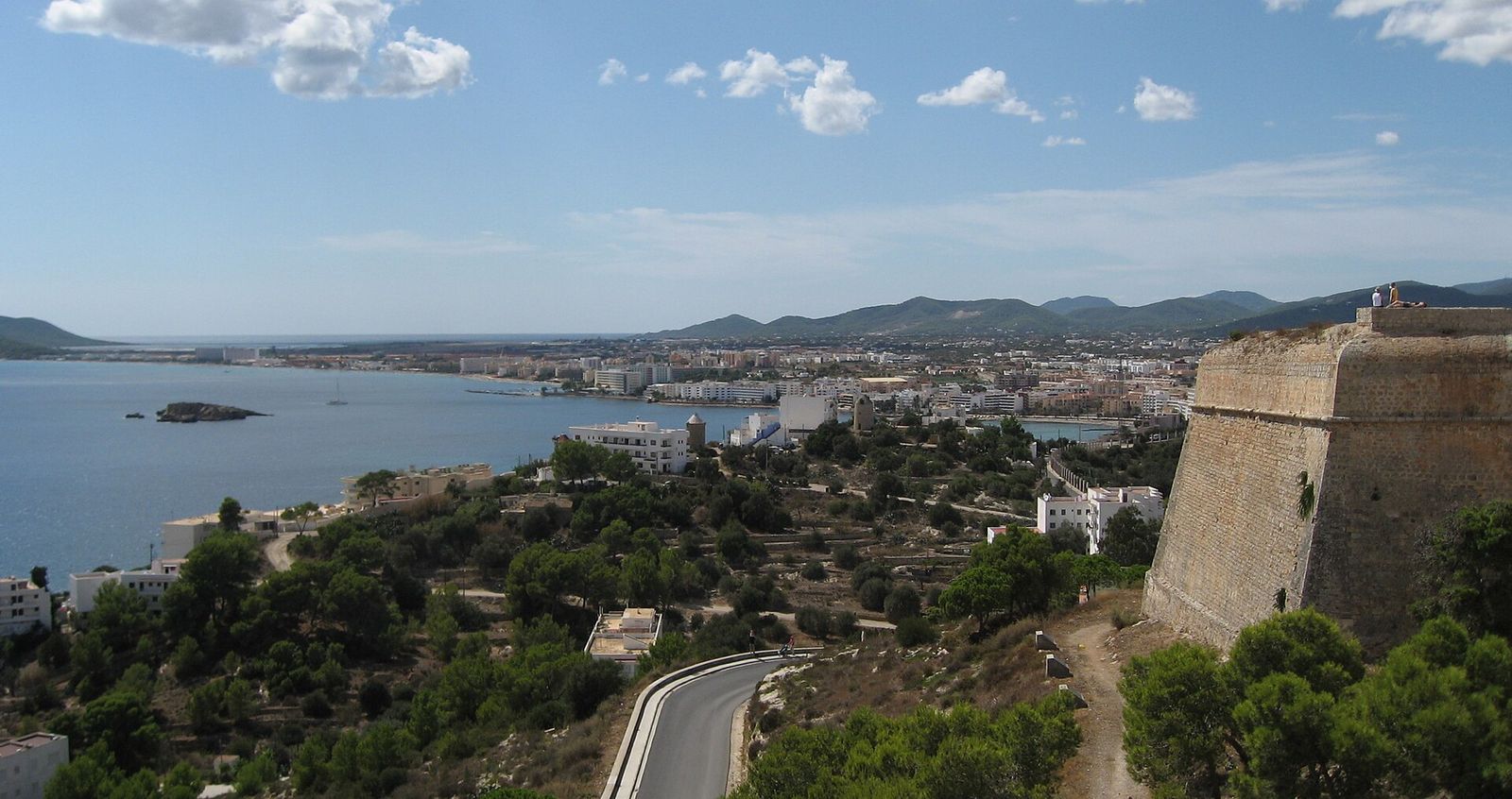 View from the Ibiza Town over Puig de Molins towards Playa D'en Bossa and the airport in the far distance, International Music Summit