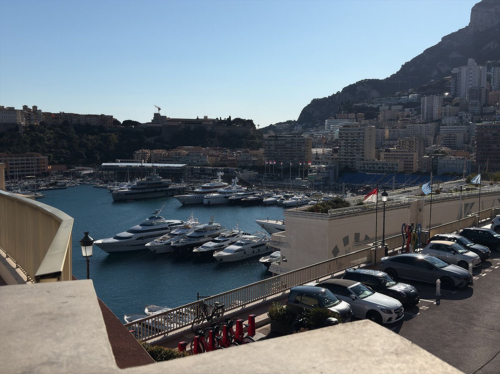 View of Port Hercule (Port Hercules) in Monaco with luxury yachts and superyachts moored in the harbour, Longines Global Champions Tour of Monaco