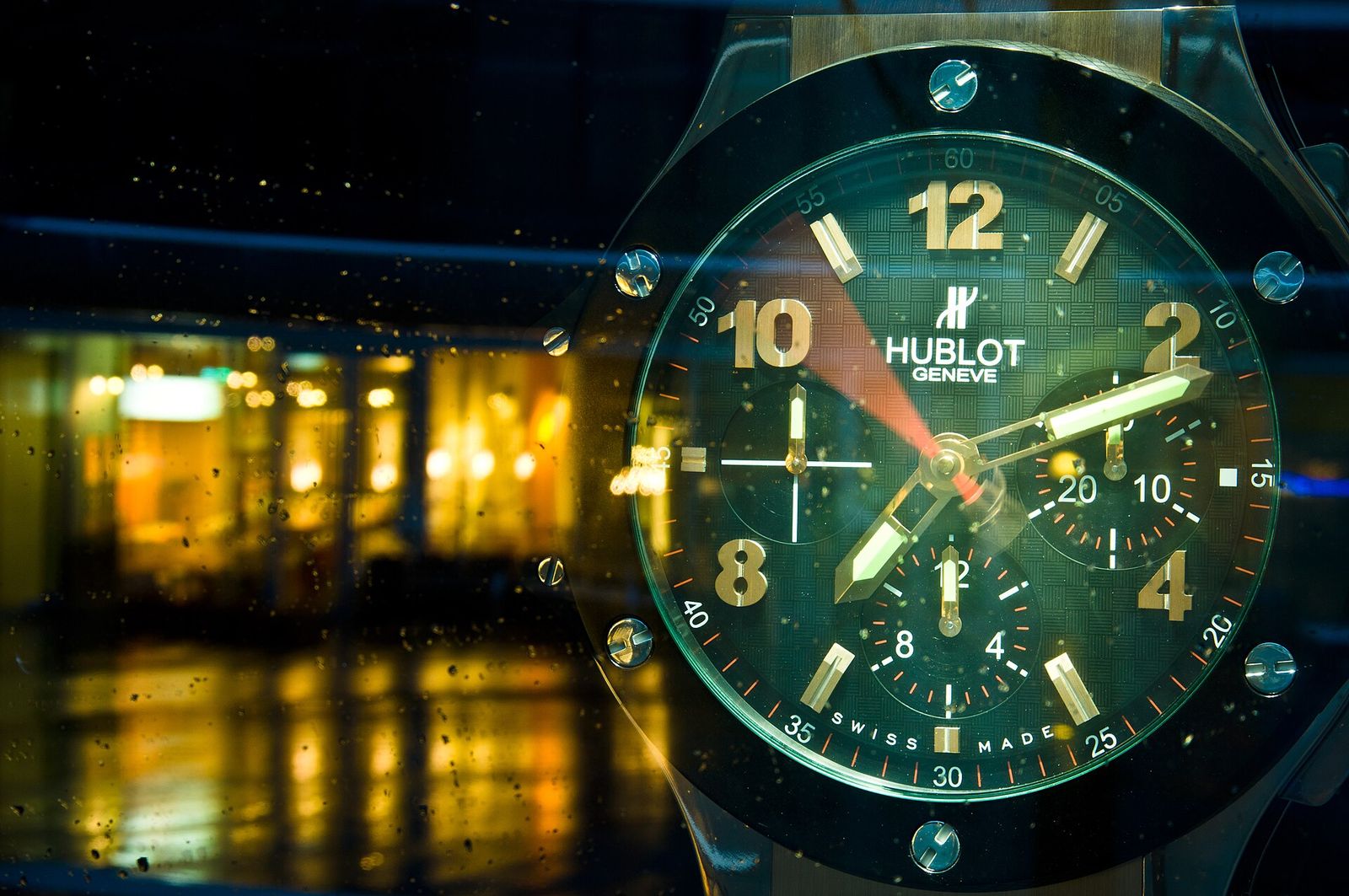 An enormous Hublot wristwatch at Hublot Boutique shop window in Warsaw, LVMH Watch Week
