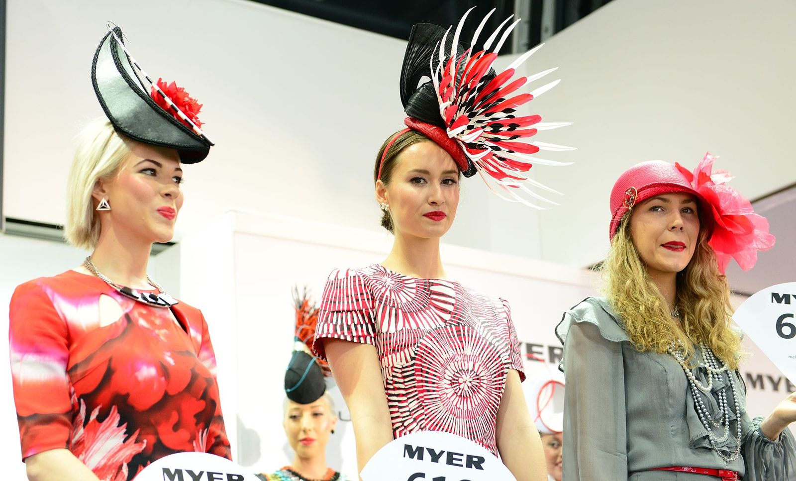It looks like red was the hit in the finals. 2nd Place Christine Spielmann (left), Winner Chloe Moo (middle) and runner up, Melbourne Cup Carnival