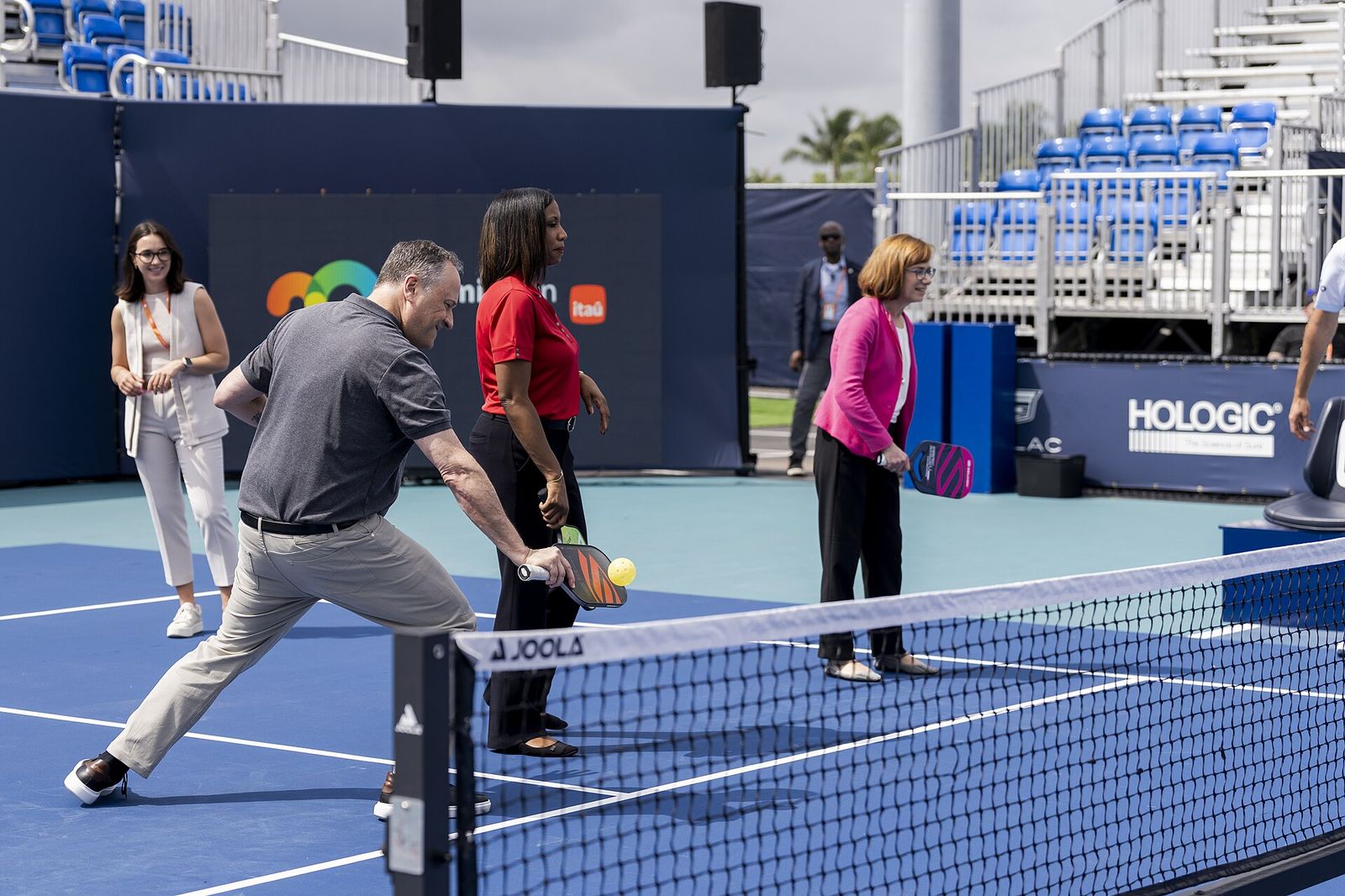 Second Gentleman Doug Emhoff greets professional pickleball players at the Miami Open Tennis Tournament, Wednesday, March