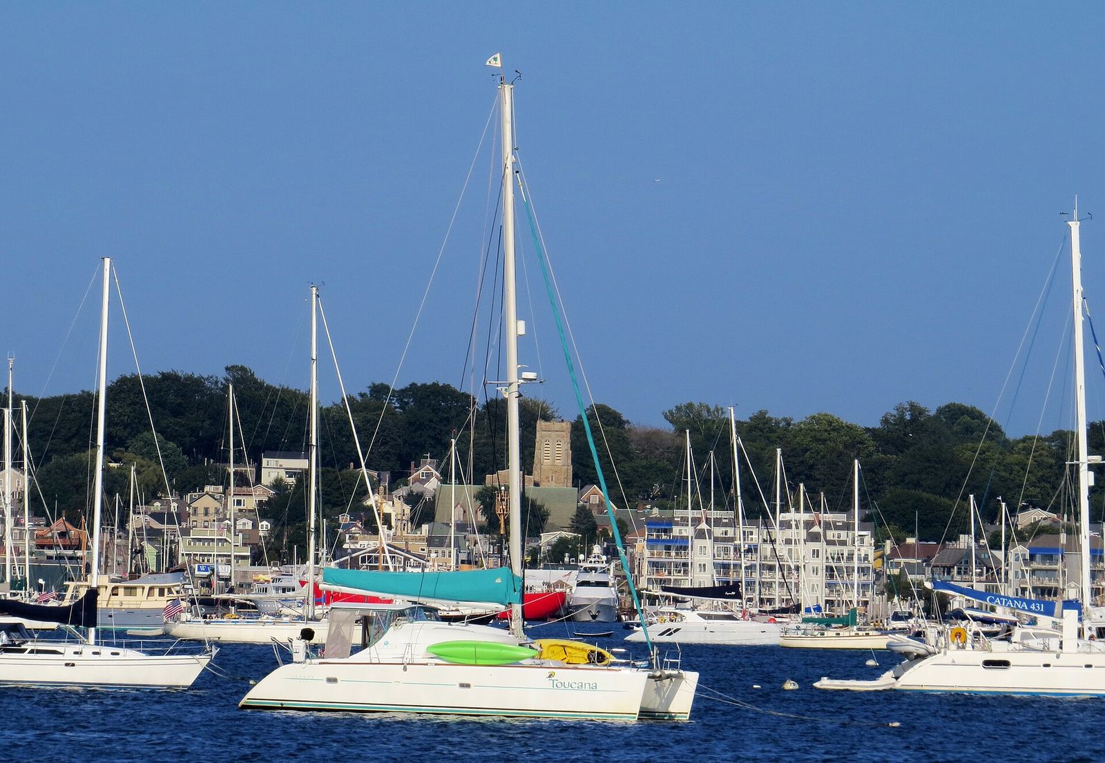 Newport, Rhode Island from the water; Emmanuel Church near center, Newport International Boat Show