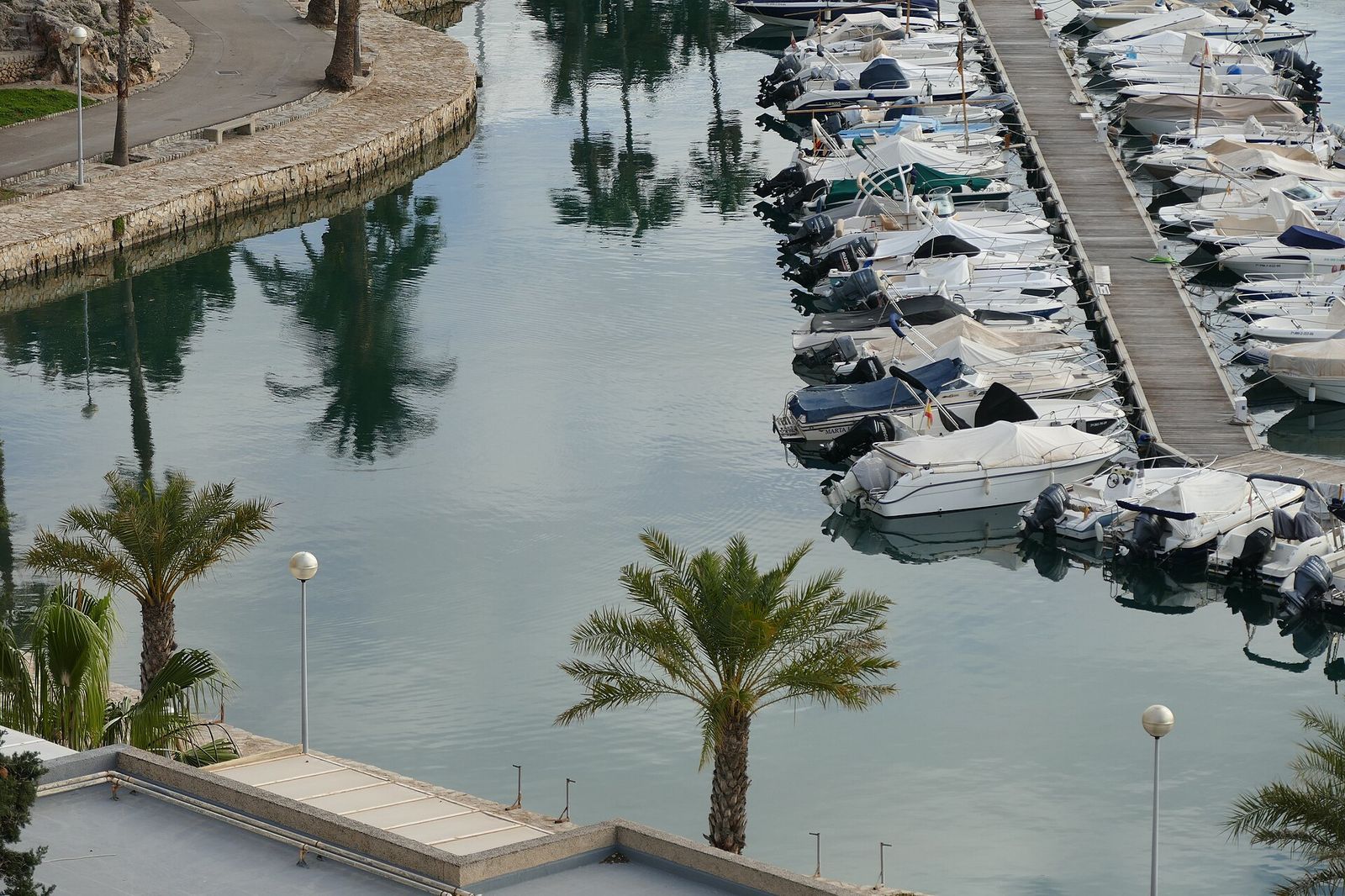 View from Parc Infantil Mirador Joan Miró in Cami del Corb Mari towards Palma de Mallorca port (small marina), Palma International Boat Show