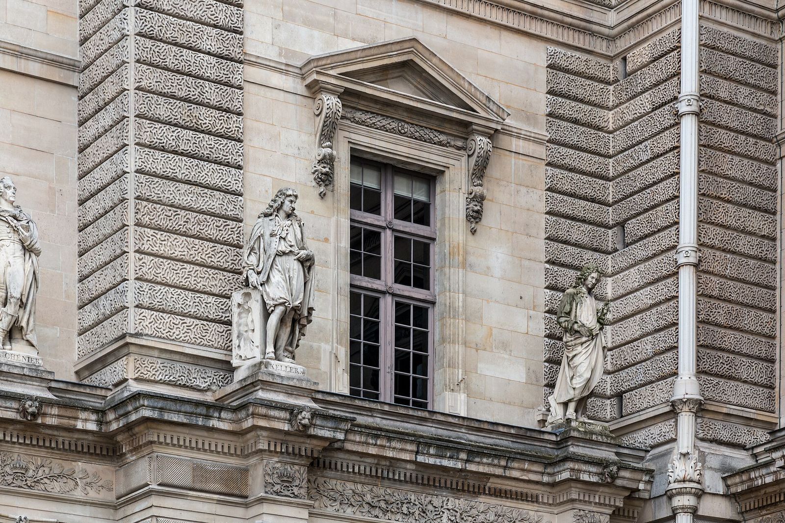 Hommes illustres (here: Gottfried Keller and Antoine Coysevox) in the inner courtyard, Louvre, Paris, France, Paris Photo
