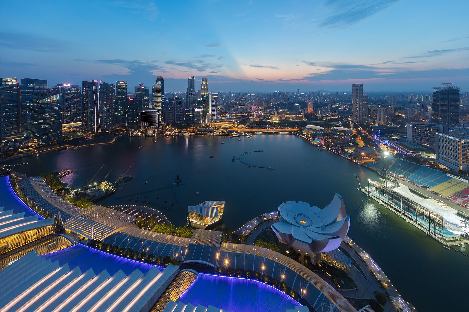 Skylines of the Central Business District, Singapore, at dusk, from the sky observation deck of the Marina Bay Sands, Singapore Grand Prix