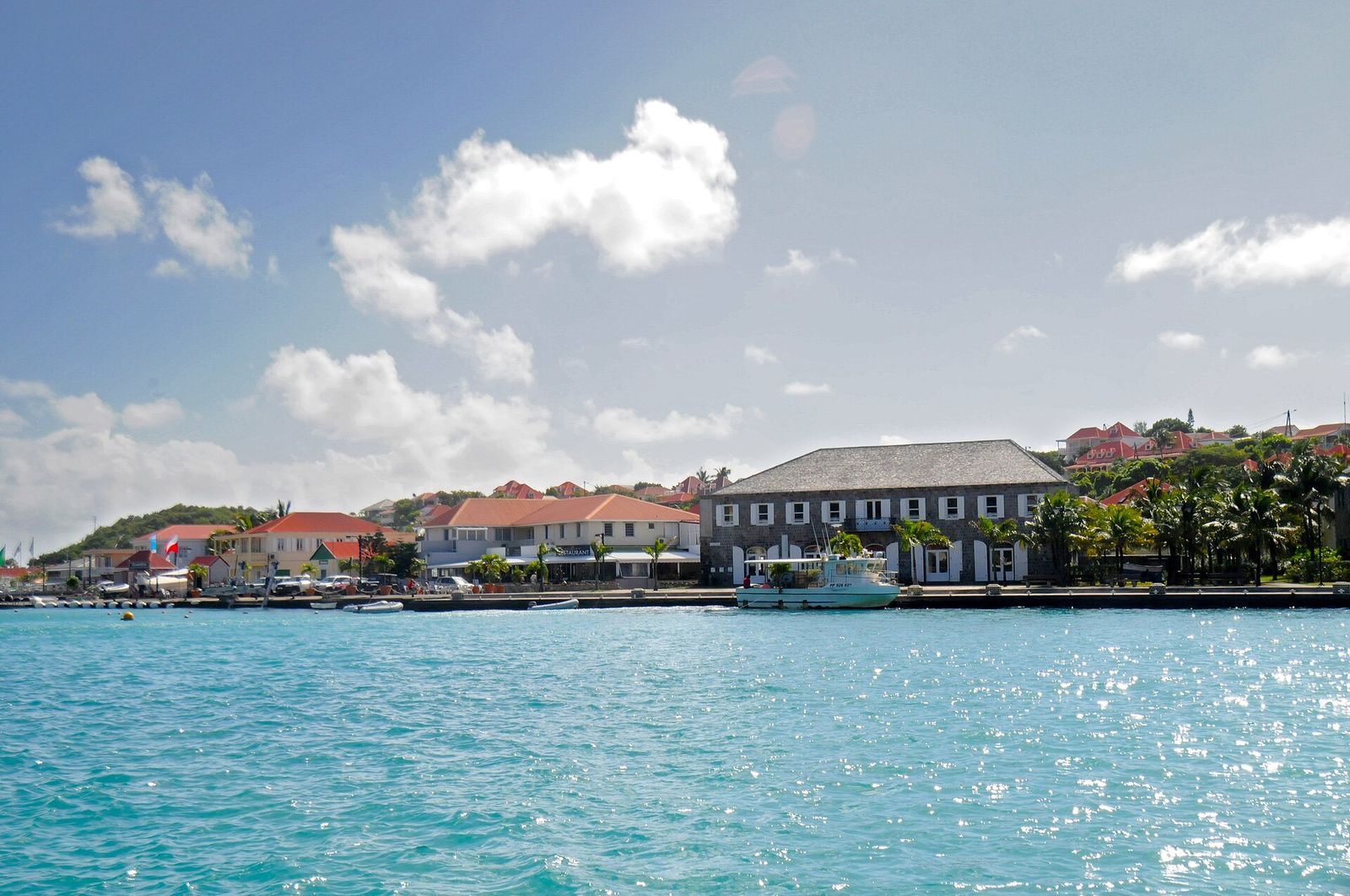 Approaching Gustavia harbour and Town Hall, Saint-Barthélemy FWI, St Barths Bucket Regatta