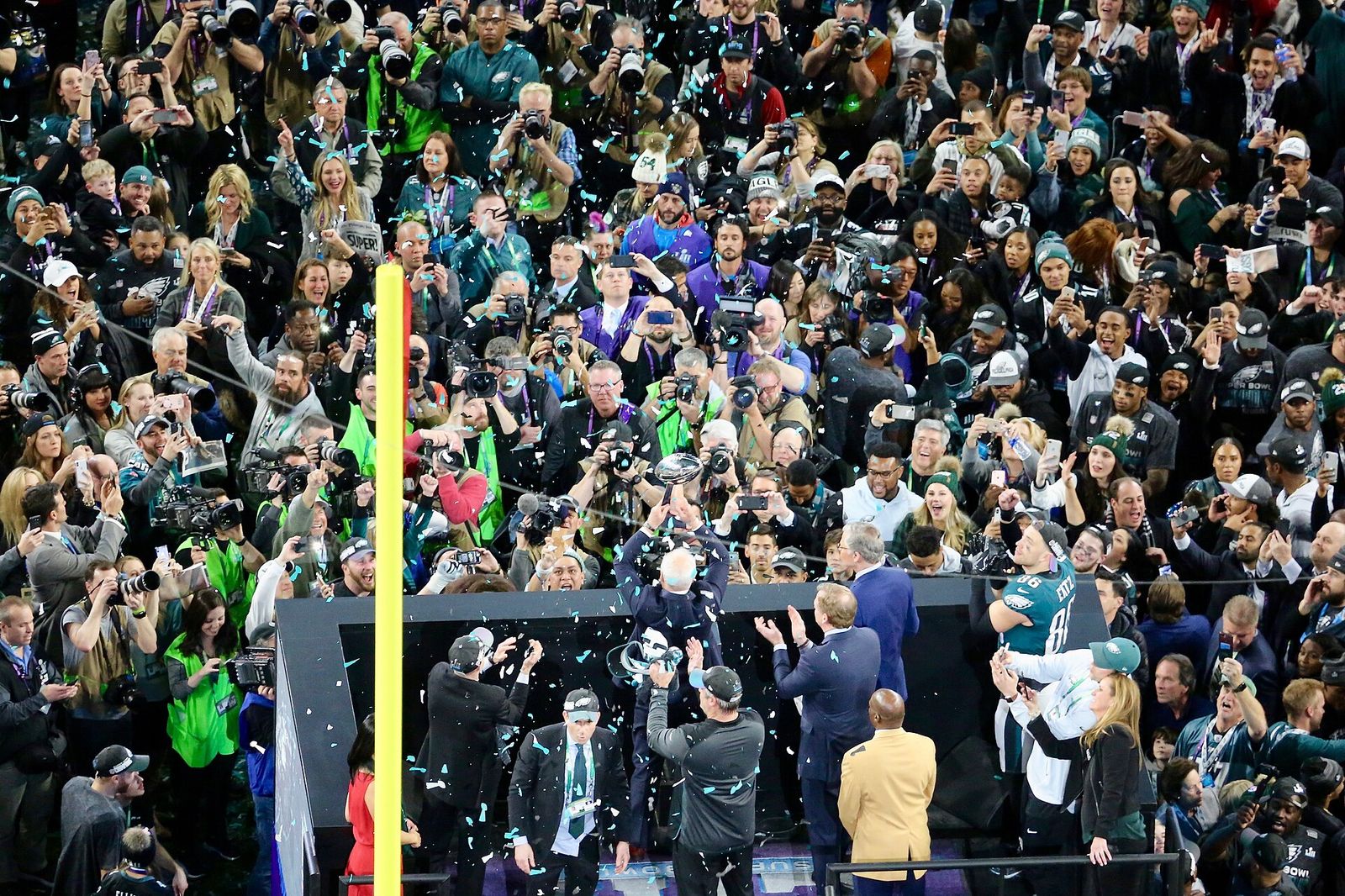 The Philadelphia Eagles are presented with the Vince Lombardi Trophy in honor of winning Super Bowl LII in Minneapolis