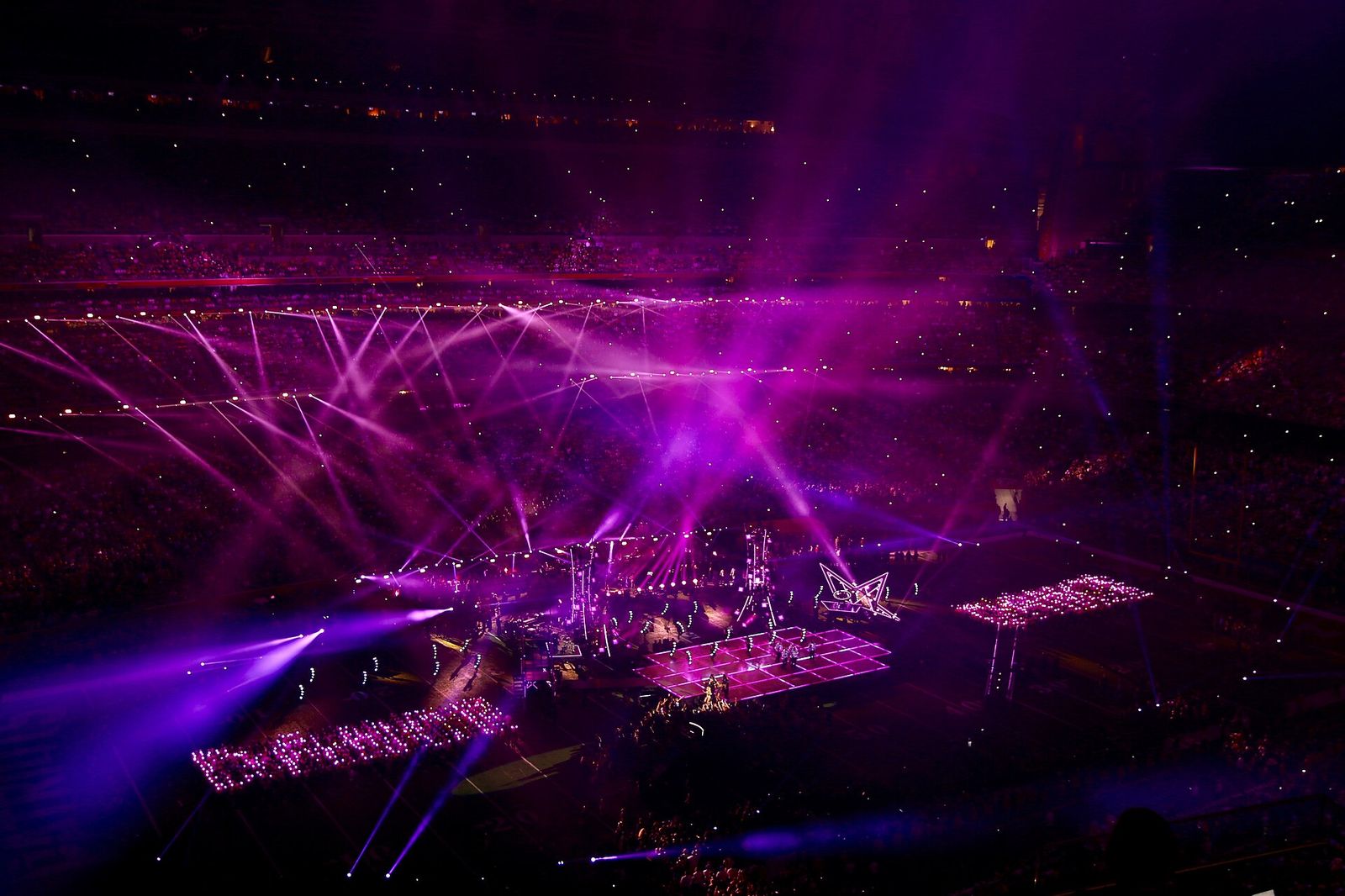 View of the stage during the Super Bowl LI halftime show with Lady Gaga performing the song "Just Dance"