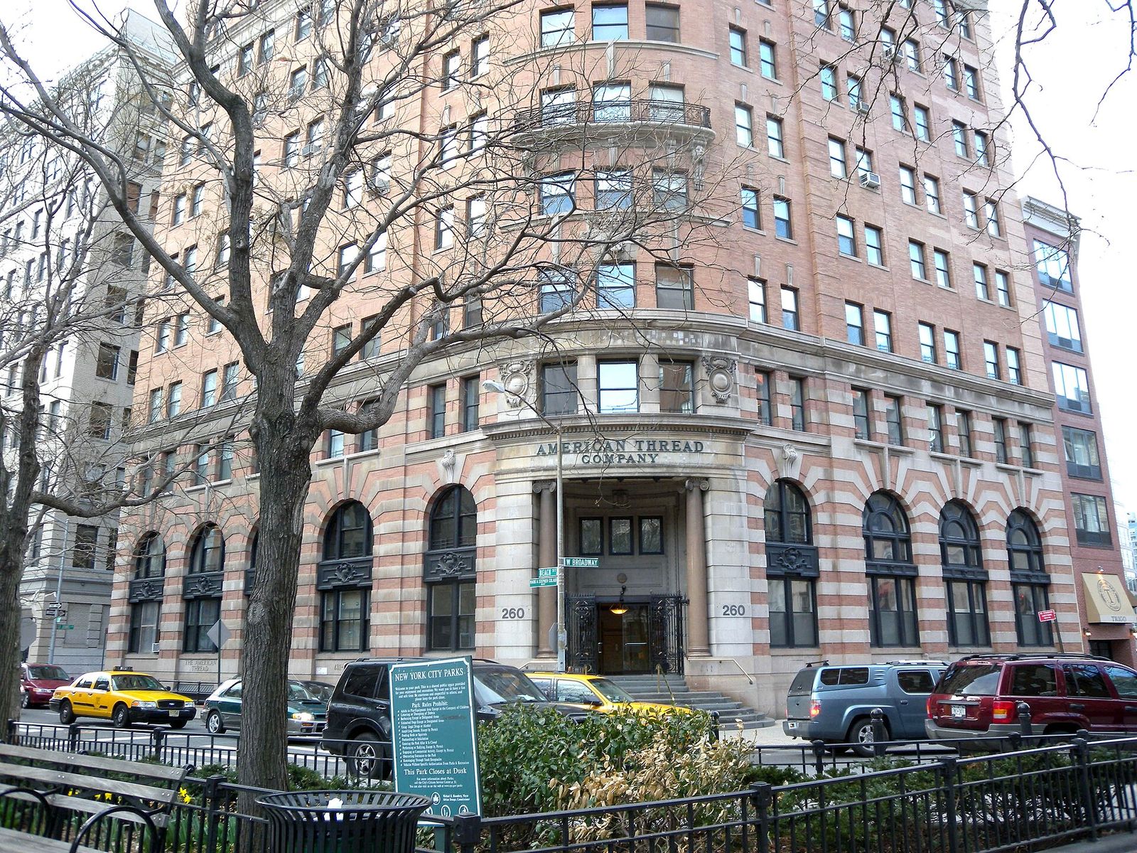 Looking northwest across West Broadway at American Thread Building at 260 West Broadway and Beach Street on a cloudy, Tribeca Festival