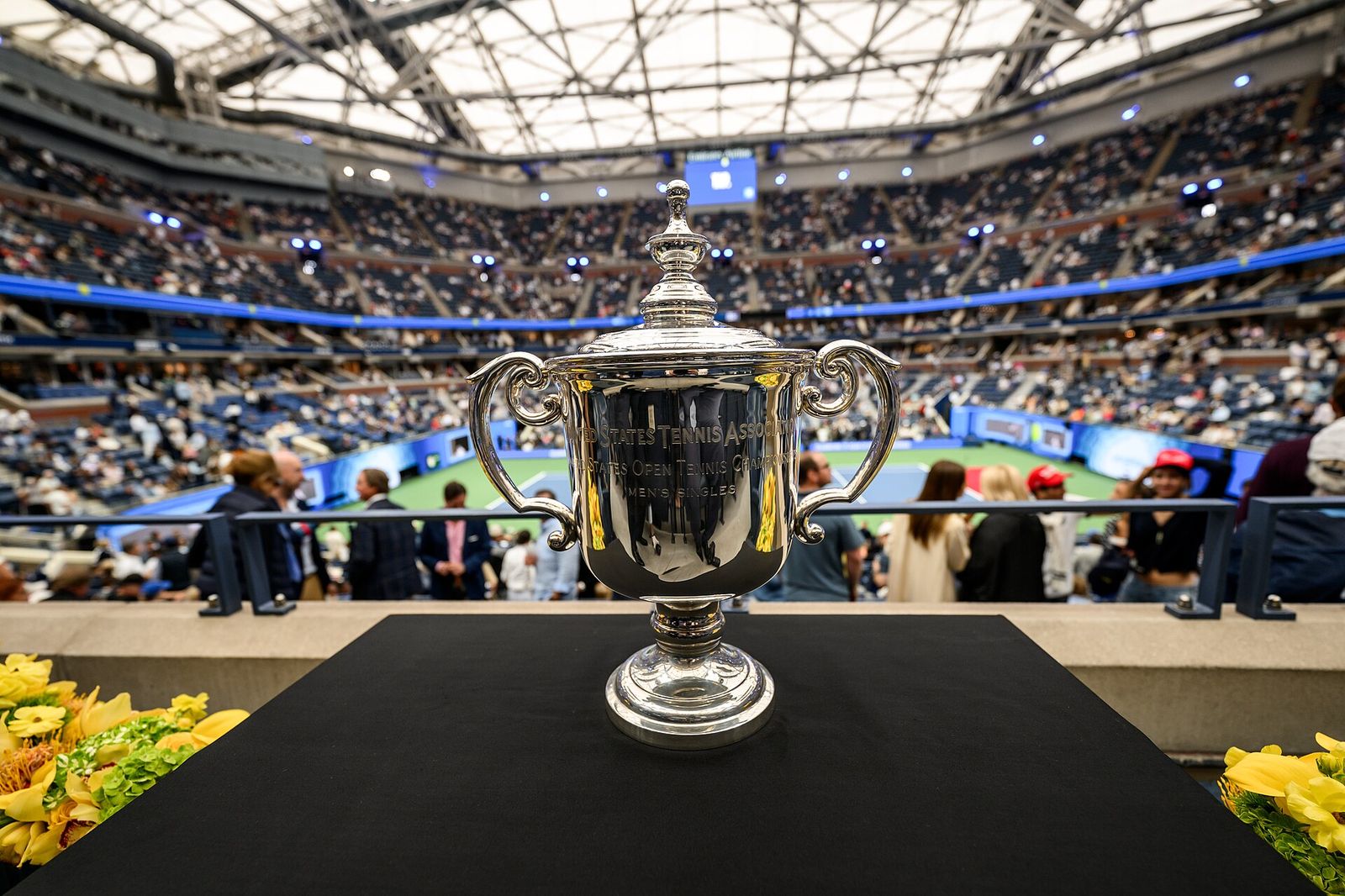 Detail photo of the U.S. Open men's singles championship trophy at Billie Jean King National Tennis Center in Flushing, US Open