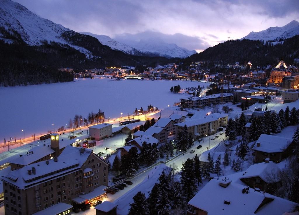 St Moritz, winter evening, with frozen Lake St, White Turf St. Moritz